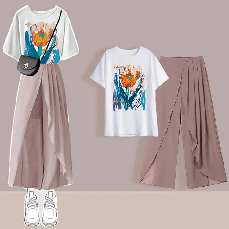 Chic Print T-Shirt Chiffon Wide Leg Pleated Split Pants Two Piece Set
