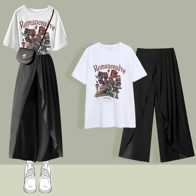 Chic Print T-Shirt Chiffon Wide Leg Pleated Split Pants Two Piece Set