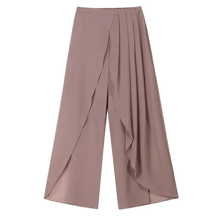 Chic Print T-Shirt Chiffon Wide Leg Pleated Split Pants Two Piece Set
