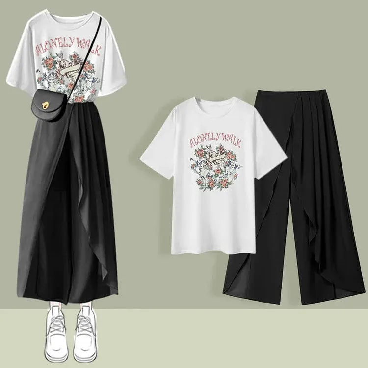 Chic Print T-Shirt Chiffon Wide Leg Pleated Split Pants Two Piece Set