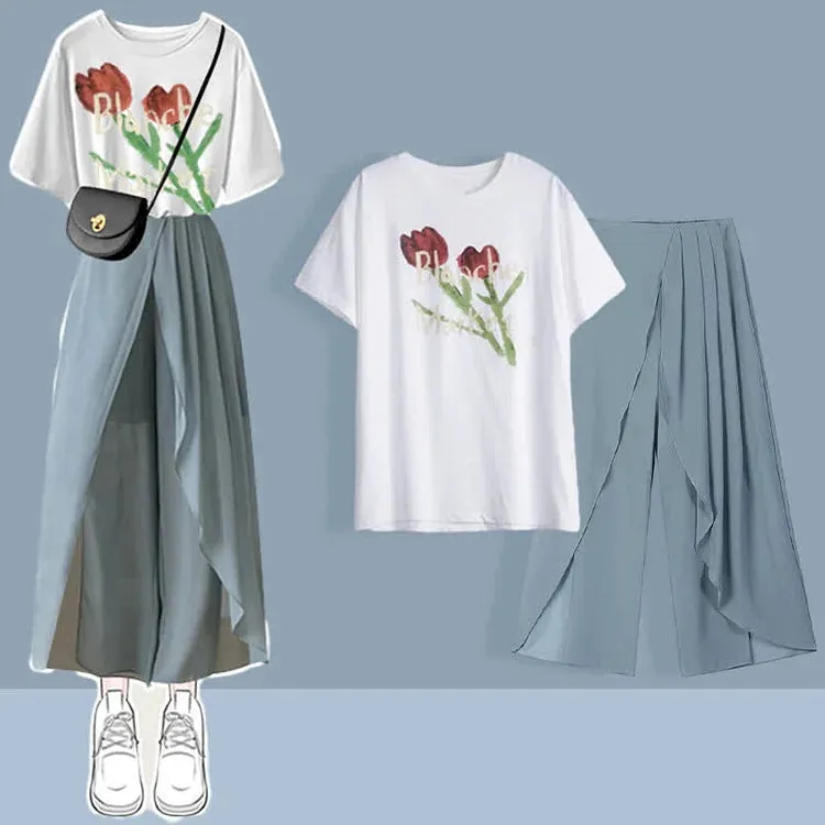Chic Print T-Shirt Chiffon Wide Leg Pleated Split Pants Two Piece Set
