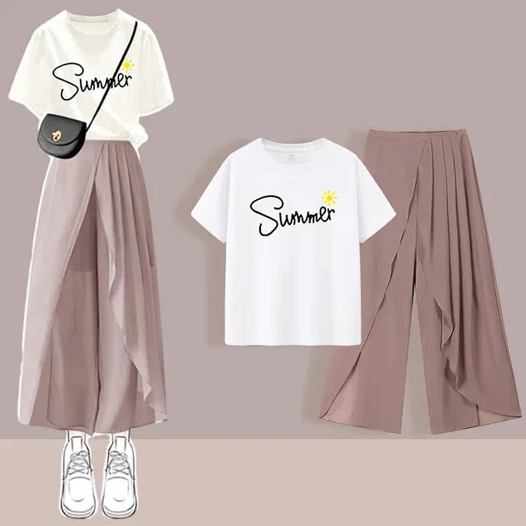 Chic Print T-Shirt Chiffon Wide Leg Pleated Split Pants Two Piece Set