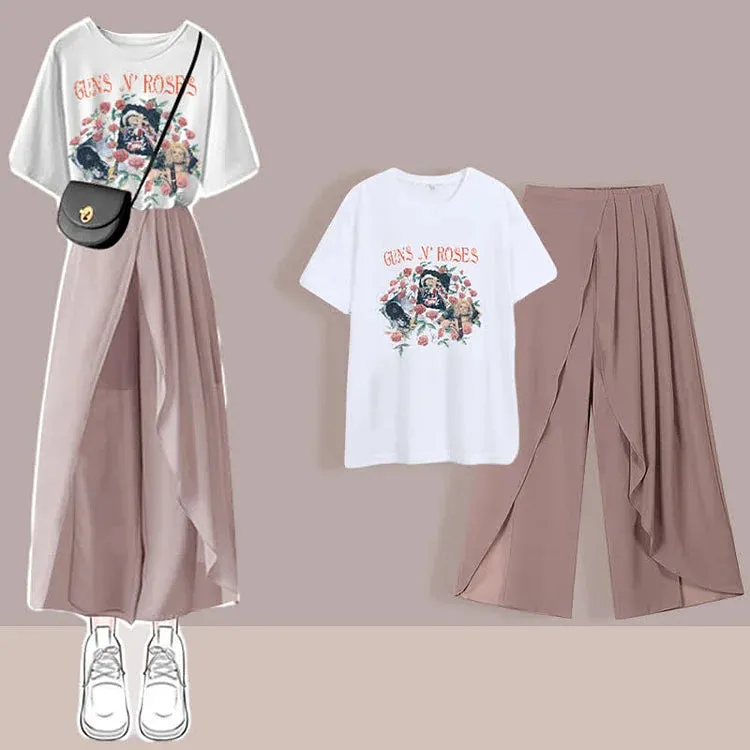 Chic Print T-Shirt Chiffon Wide Leg Pleated Split Pants Two Piece Set
