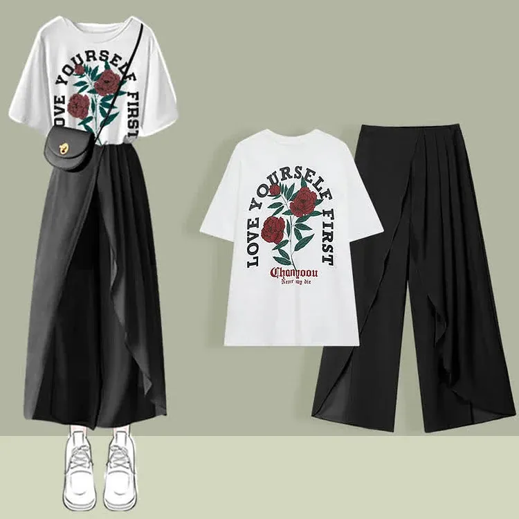 Chic Print T-Shirt Chiffon Wide Leg Pleated Split Pants Two Piece Set