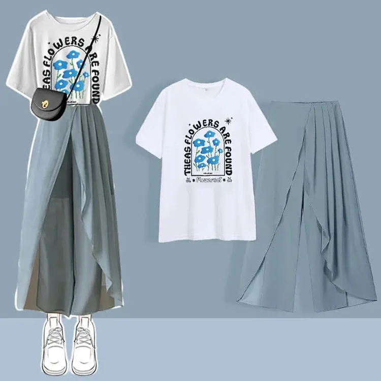 Chic Print T-Shirt Chiffon Wide Leg Pleated Split Pants Two Piece Set