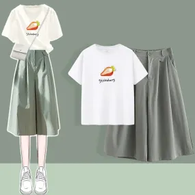 Chic Round Neck Print T-Shirt Casual Wide Leg Pants Two Piece Set