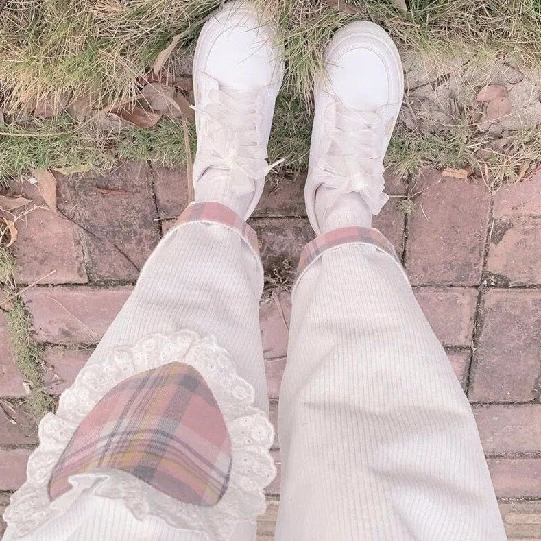 Corduroy Pants With Plaid Heart Patch