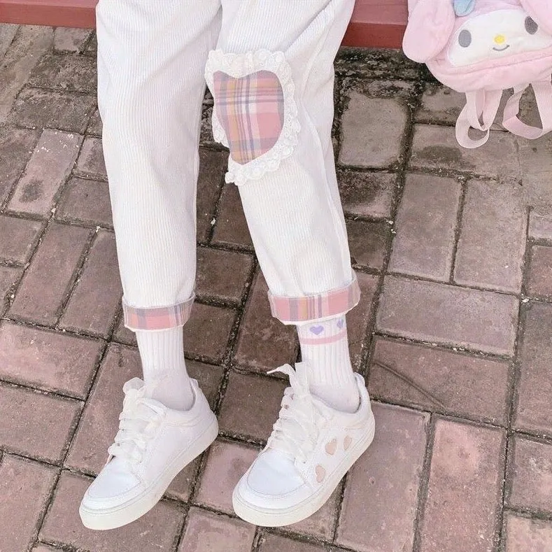 Corduroy Pants With Plaid Heart Patch