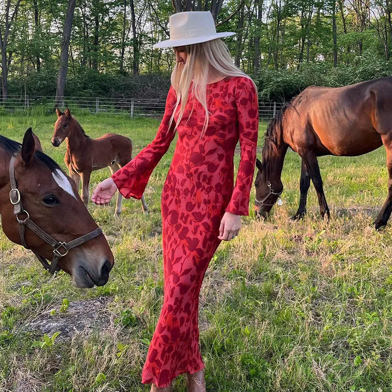 Darianrojas 2000s fashion Bohemian Summer New Printed Dress Women's Style Sexy Hot Girl Perspective round Neck Long Sleeve Dress
