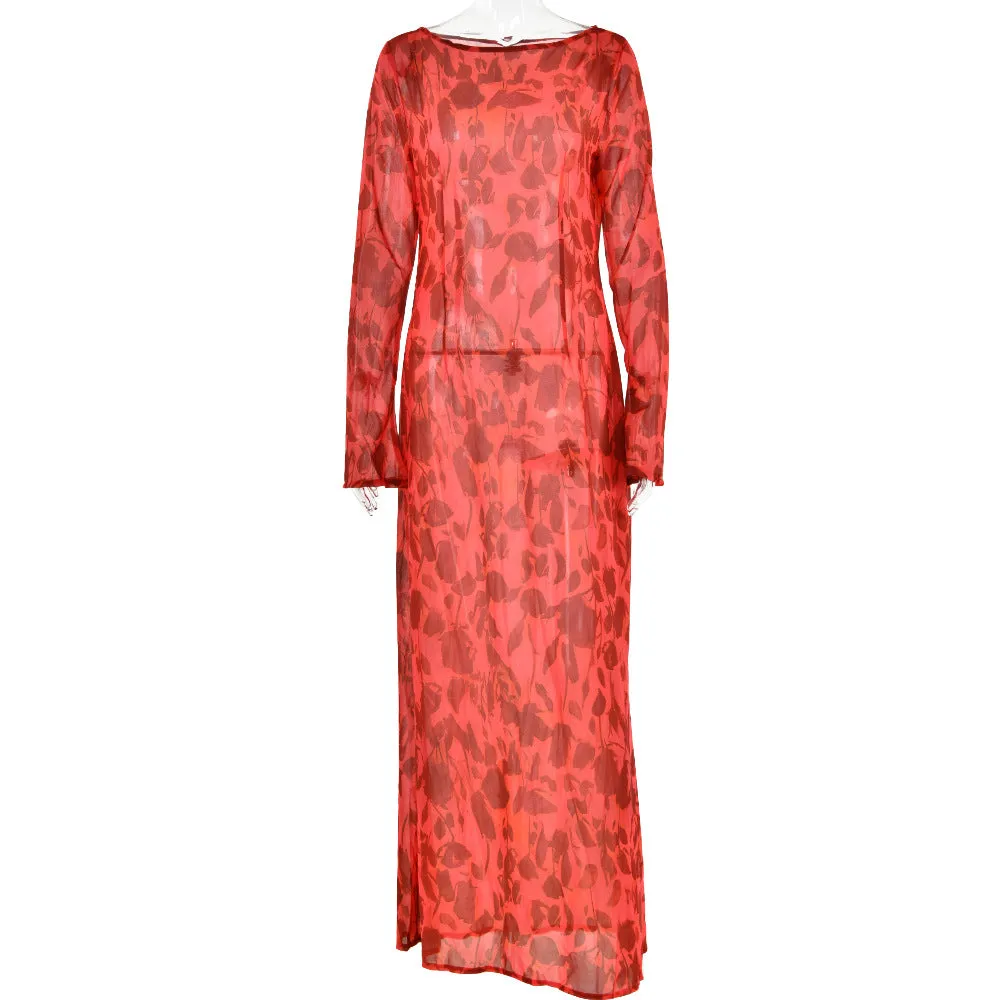 Darianrojas 2000s fashion Bohemian Summer New Printed Dress Women's Style Sexy Hot Girl Perspective round Neck Long Sleeve Dress