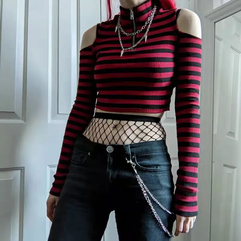 Darianrojas 2000s fashion Contrast Color Striped off-the-Shoulder Slim-Fit Short Knitted Long-Sleeved T-shirt Top Spring New
