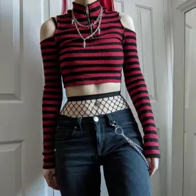 Darianrojas 2000s fashion Contrast Color Striped off-the-Shoulder Slim-Fit Short Knitted Long-Sleeved T-shirt Top Spring New