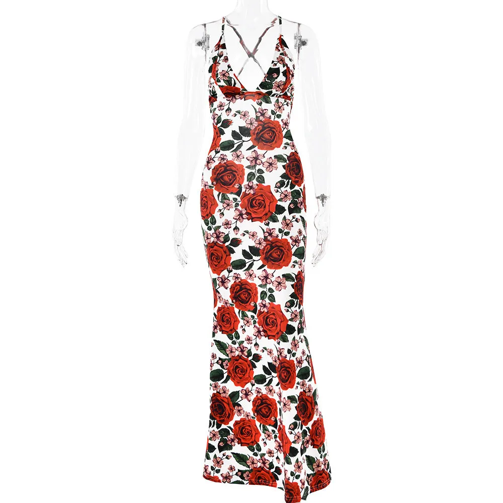 Darianrojas outfit inspo New  Summer Sling Sleeveless Dress Sexy Fashion Printed Backless Slim Dress