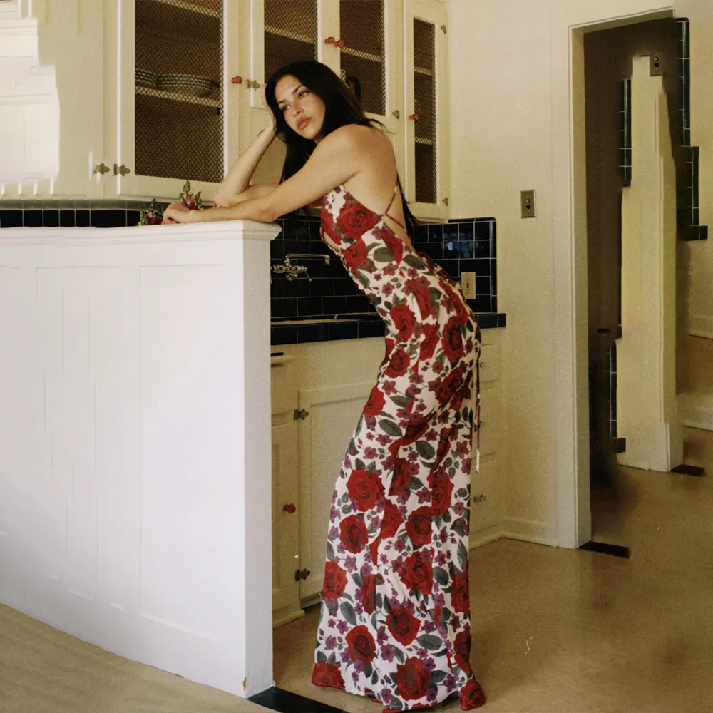 Darianrojas outfit inspo New  Summer Sling Sleeveless Dress Sexy Fashion Printed Backless Slim Dress