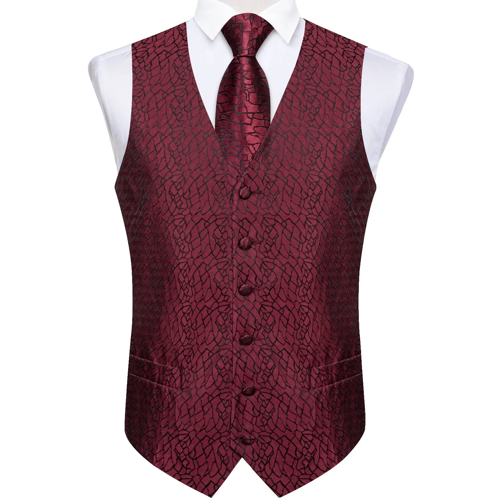 Deep Red Irregular Plaid Silk Men's Vest Hanky Cufflinks Tie Set