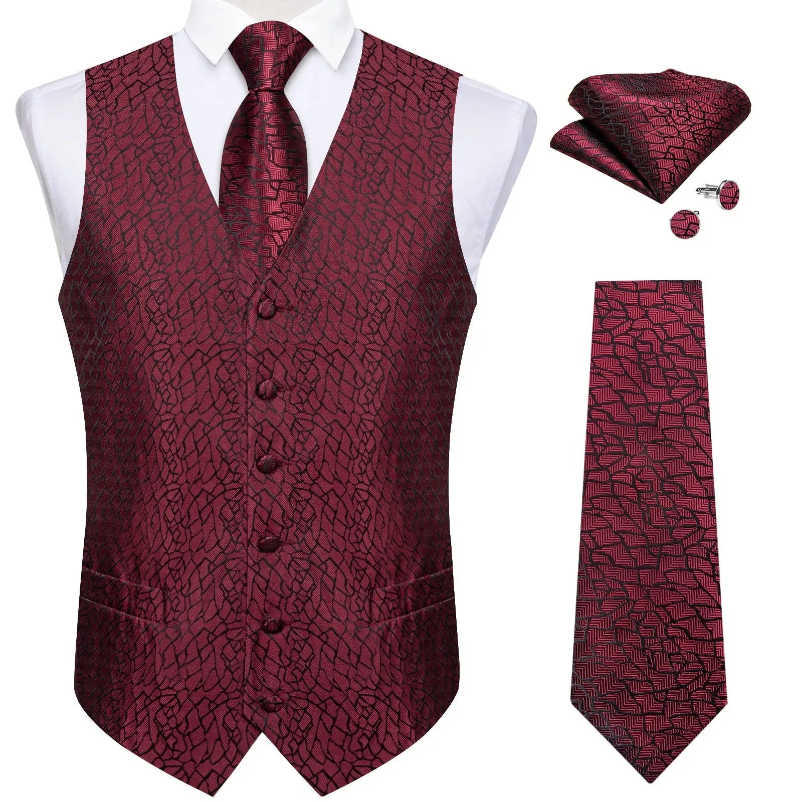Deep Red Irregular Plaid Silk Men's Vest Hanky Cufflinks Tie Set