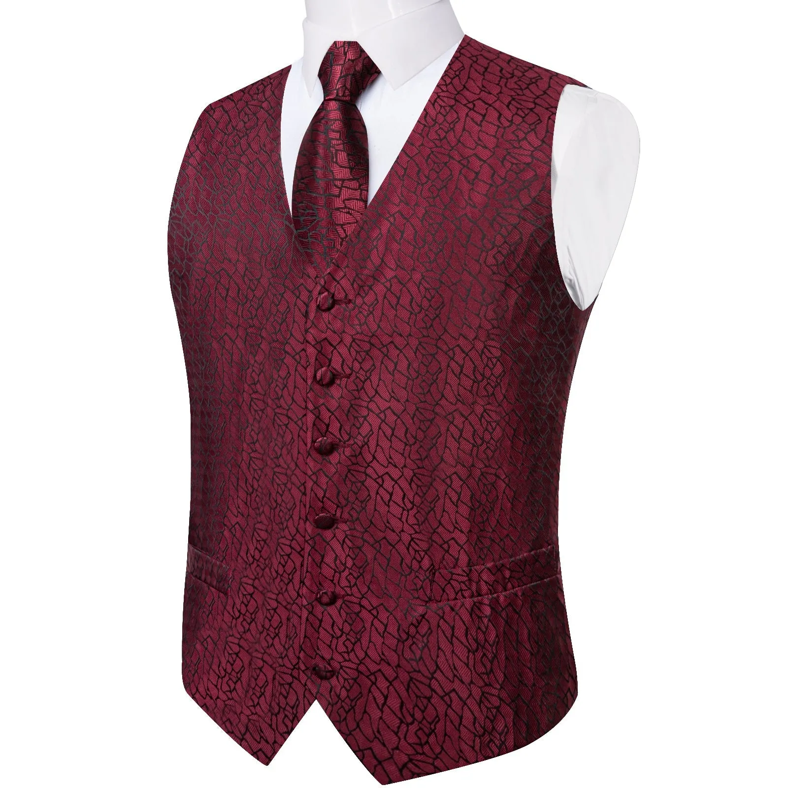 Deep Red Irregular Plaid Silk Men's Vest Hanky Cufflinks Tie Set