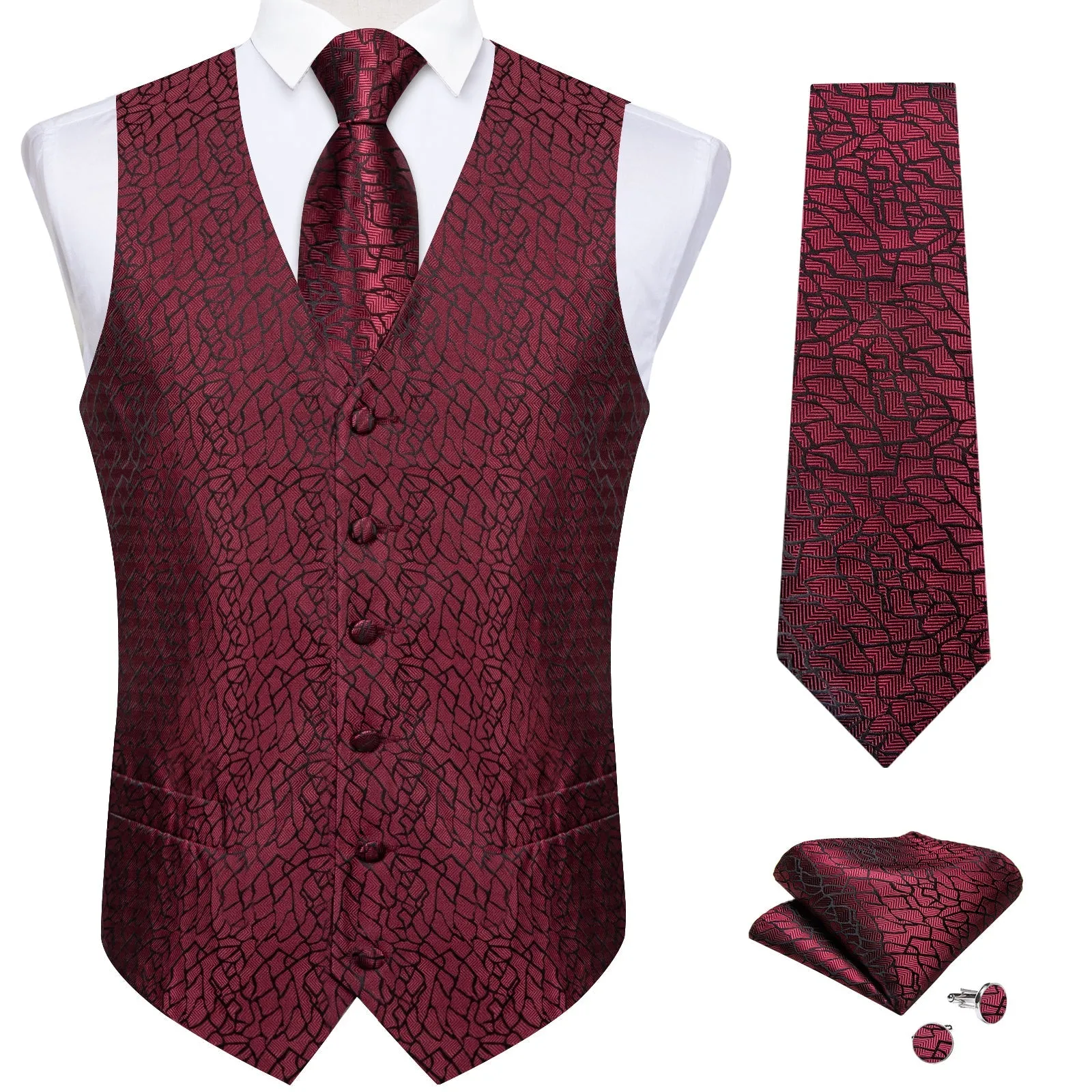 Deep Red Irregular Plaid Silk Men's Vest Hanky Cufflinks Tie Set