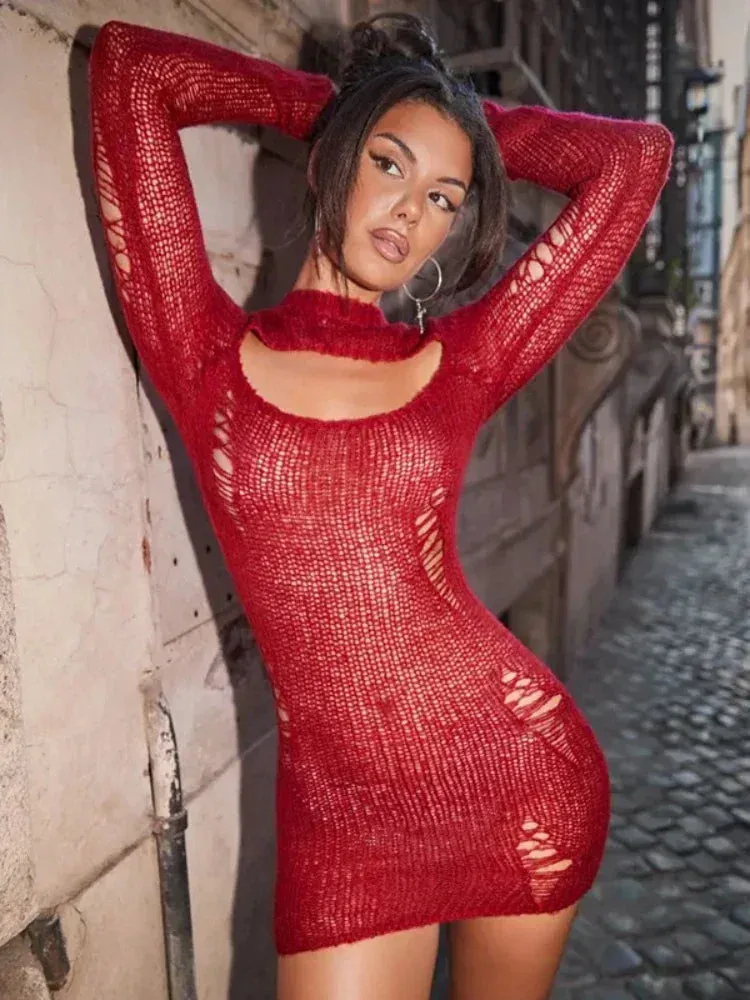 Distressed Sweater Dress Black Red Knitwears Sexy Hollow Out Long Sleeve Mini Dresses for Women Winter Outfit C85-DD22