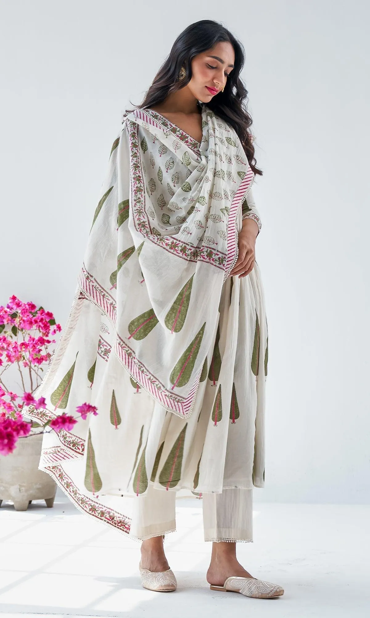 Firdaus Mughals Off White Block Printed Anarkali with Pants and Dupatta - Set of 3 RTS