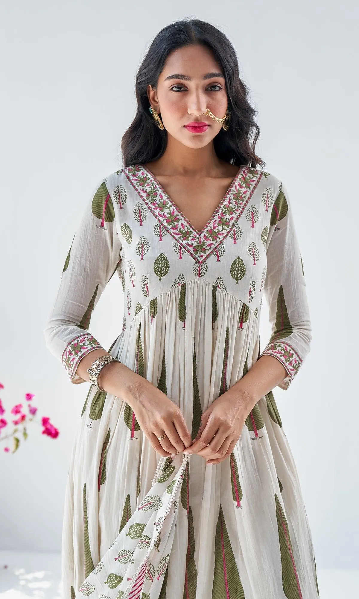 Firdaus Mughals Off White Block Printed Anarkali with Pants and Dupatta - Set of 3 RTS