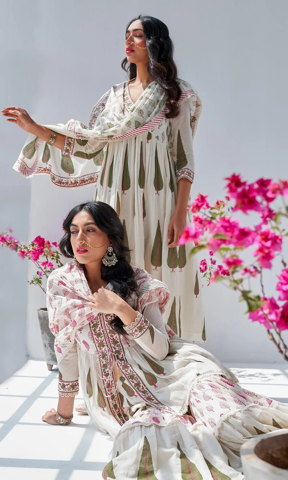 Firdaus Mughals Off White Block Printed Anarkali with Pants and Dupatta - Set of 3 RTS