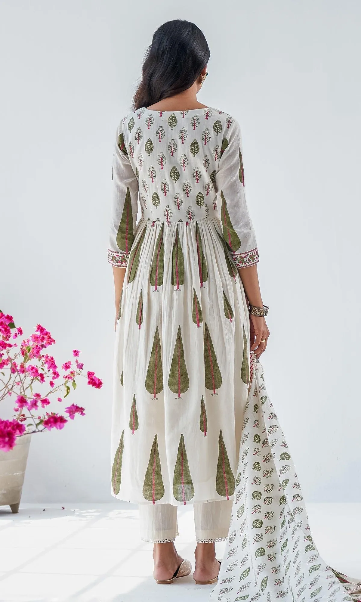 Firdaus Mughals Off White Block Printed Anarkali with Pants and Dupatta - Set of 3 RTS