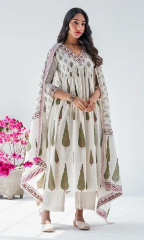 Firdaus Mughals Off White Block Printed Anarkali with Pants and Dupatta - Set of 3 RTS