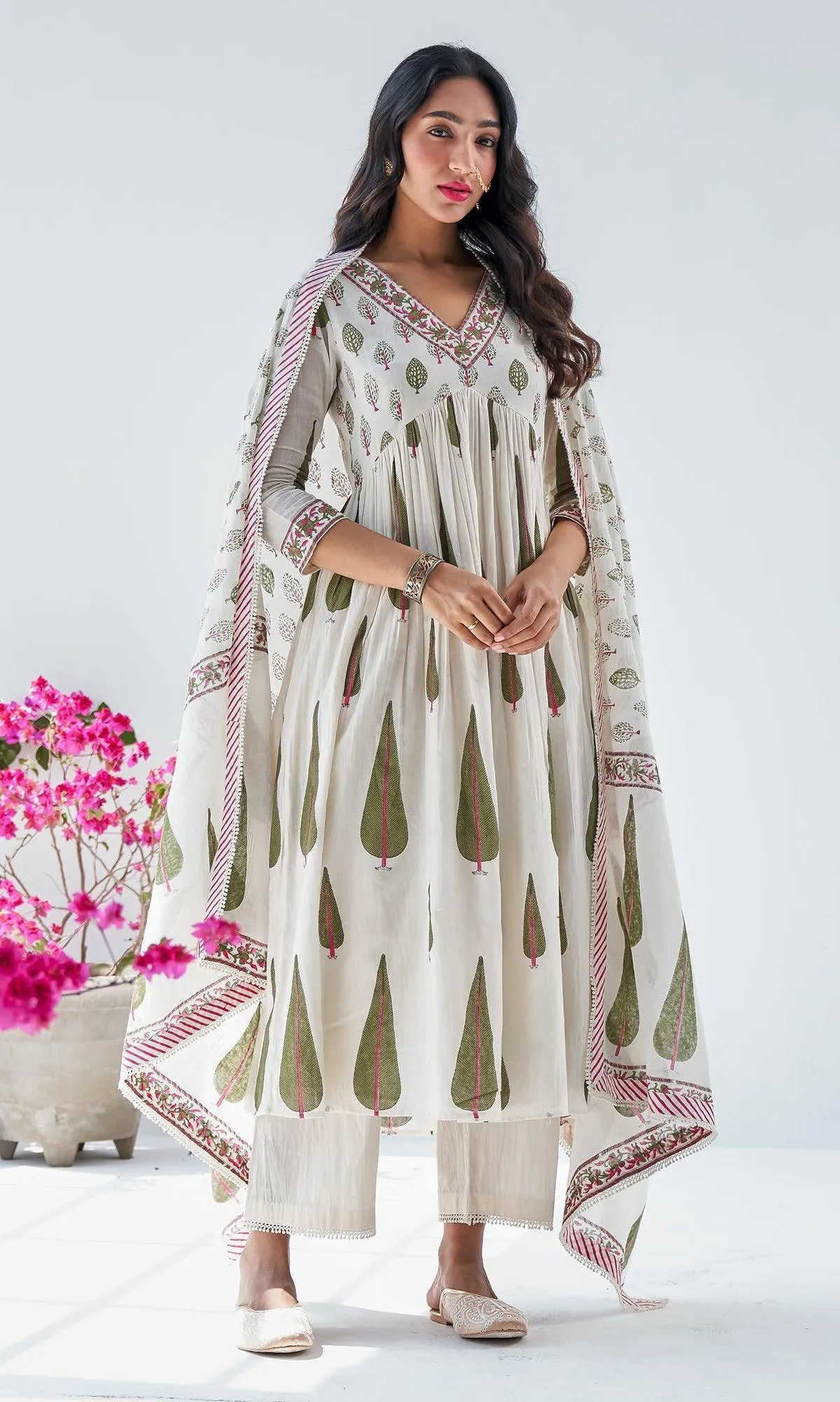 Firdaus Mughals Off White Block Printed Anarkali with Pants and Dupatta - Set of 3 RTS