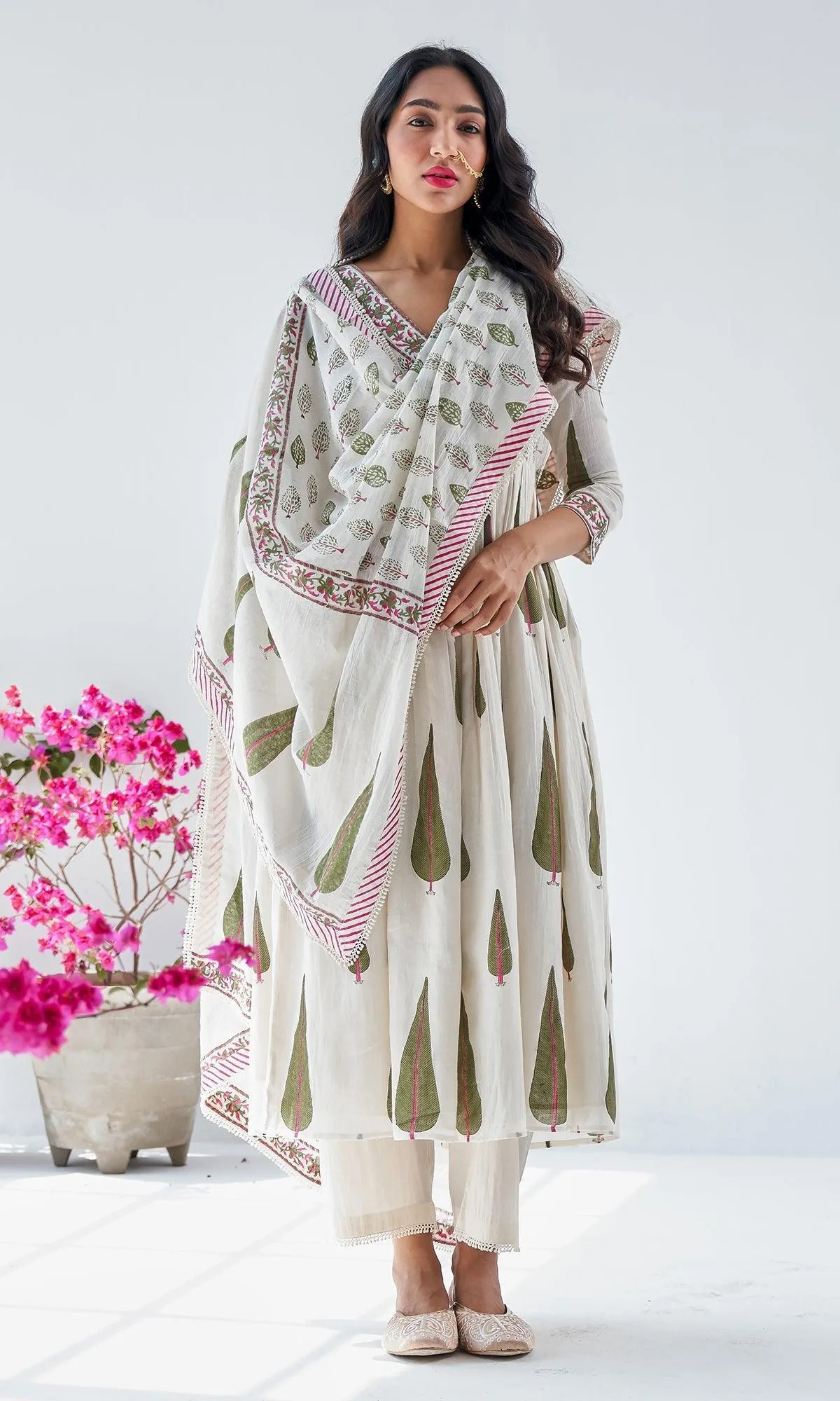 Firdaus Mughals Off White Block Printed Anarkali with Pants and Dupatta - Set of 3 RTS