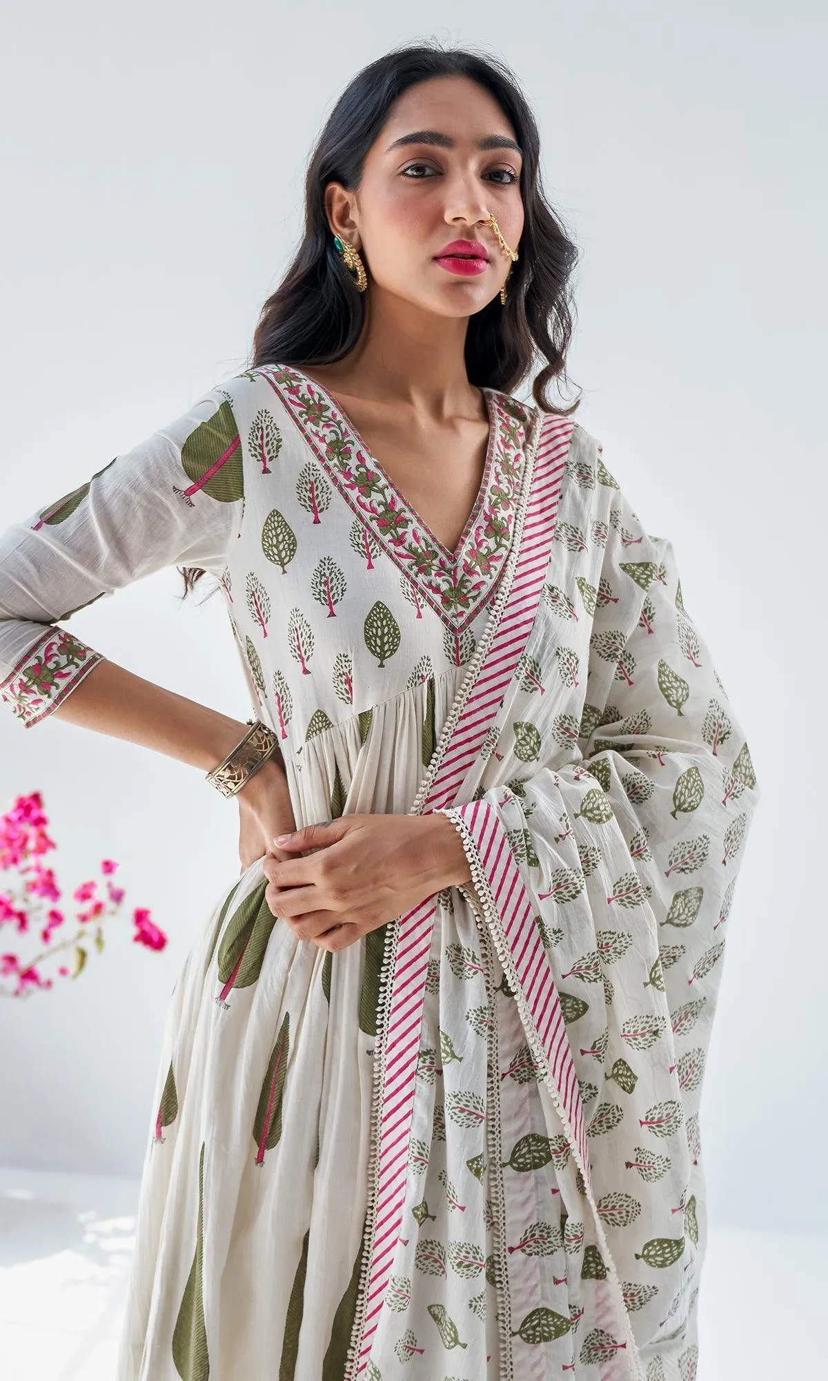 Firdaus Mughals Off White Block Printed Anarkali with Pants and Dupatta - Set of 3 RTS