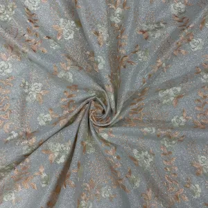Grey Peach Floral Print Shimmer Knitted Embroidery Fabric