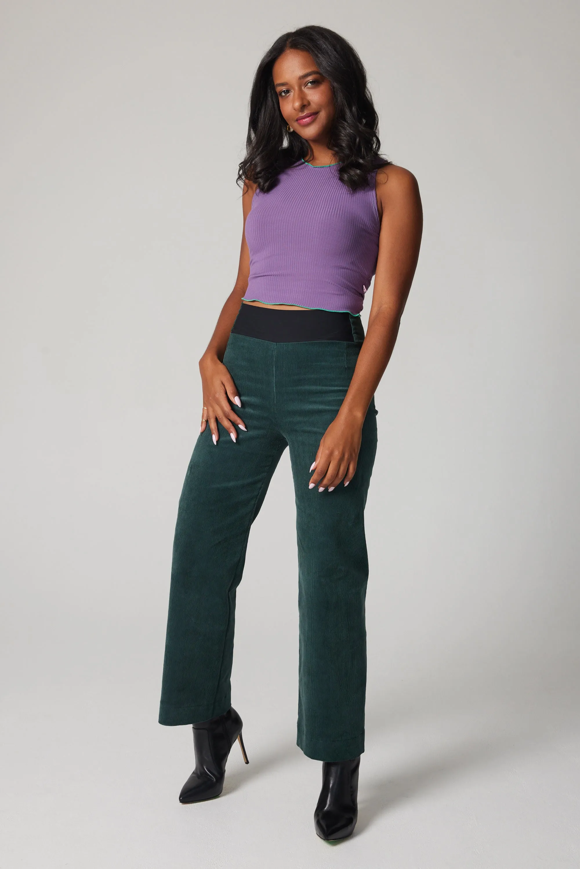 High-Rise Corduroy Straight Leg Pants - Green