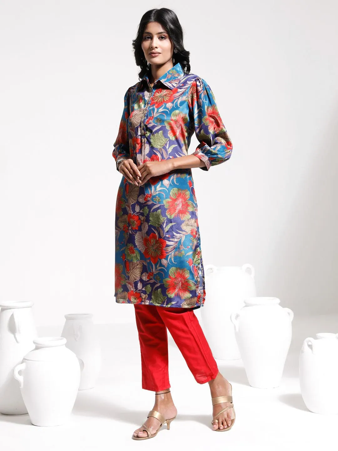 Jashvi Women's Shirt Style Satin Embellished Kurta Set