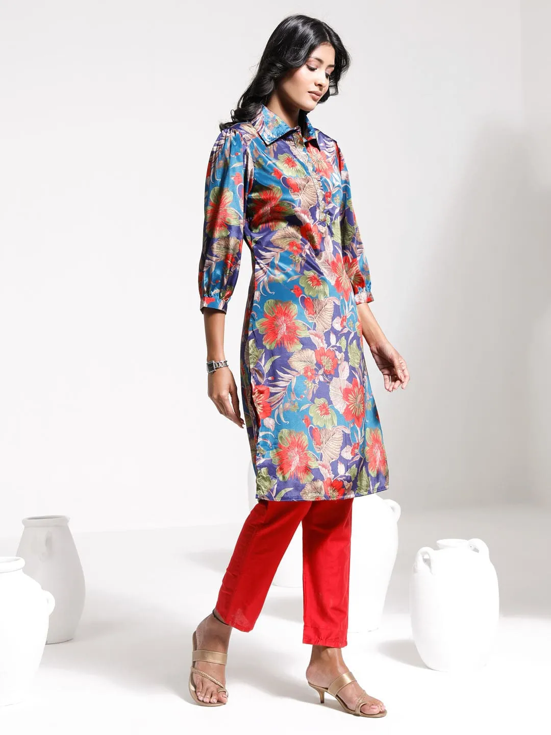 Jashvi Women's Shirt Style Satin Embellished Kurta Set