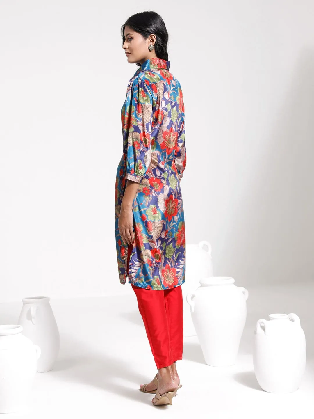 Jashvi Women's Shirt Style Satin Embellished Kurta Set
