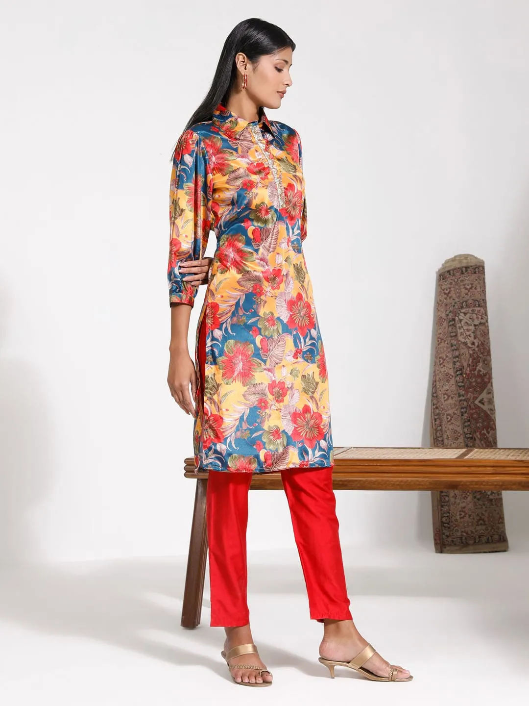 Jashvi Women's Shirt Style Satin Embellished Mustard Kurta Set
