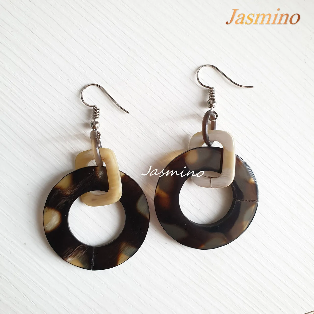 Jasmino Unique Handmade Bohemian Vintage Spotted Circle Drop Earrings Made By Natural Buffalo Horn