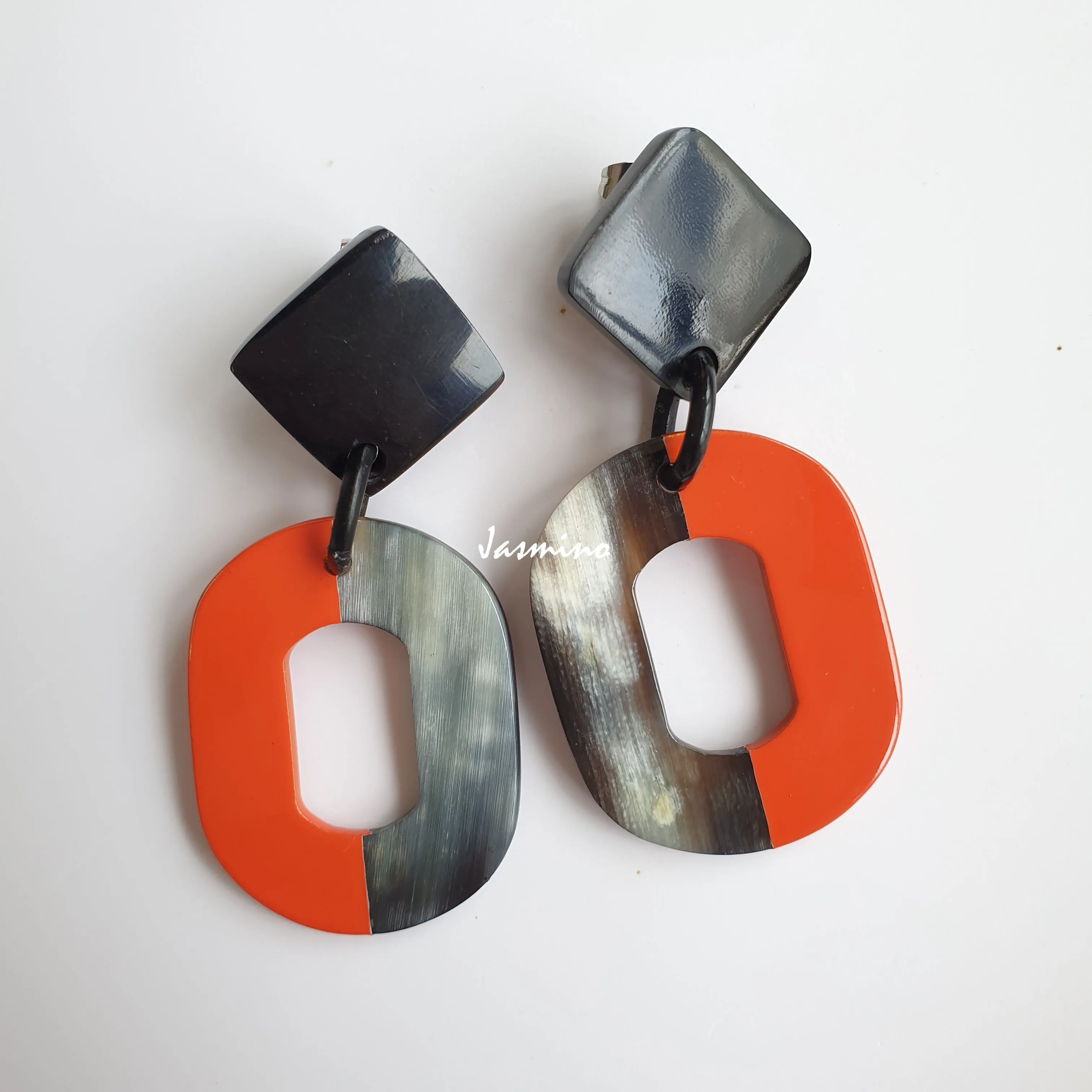 Jasmino Unique Handmade Festival Large Oval Drop Earrings Made By Natural Buffalo Horn
