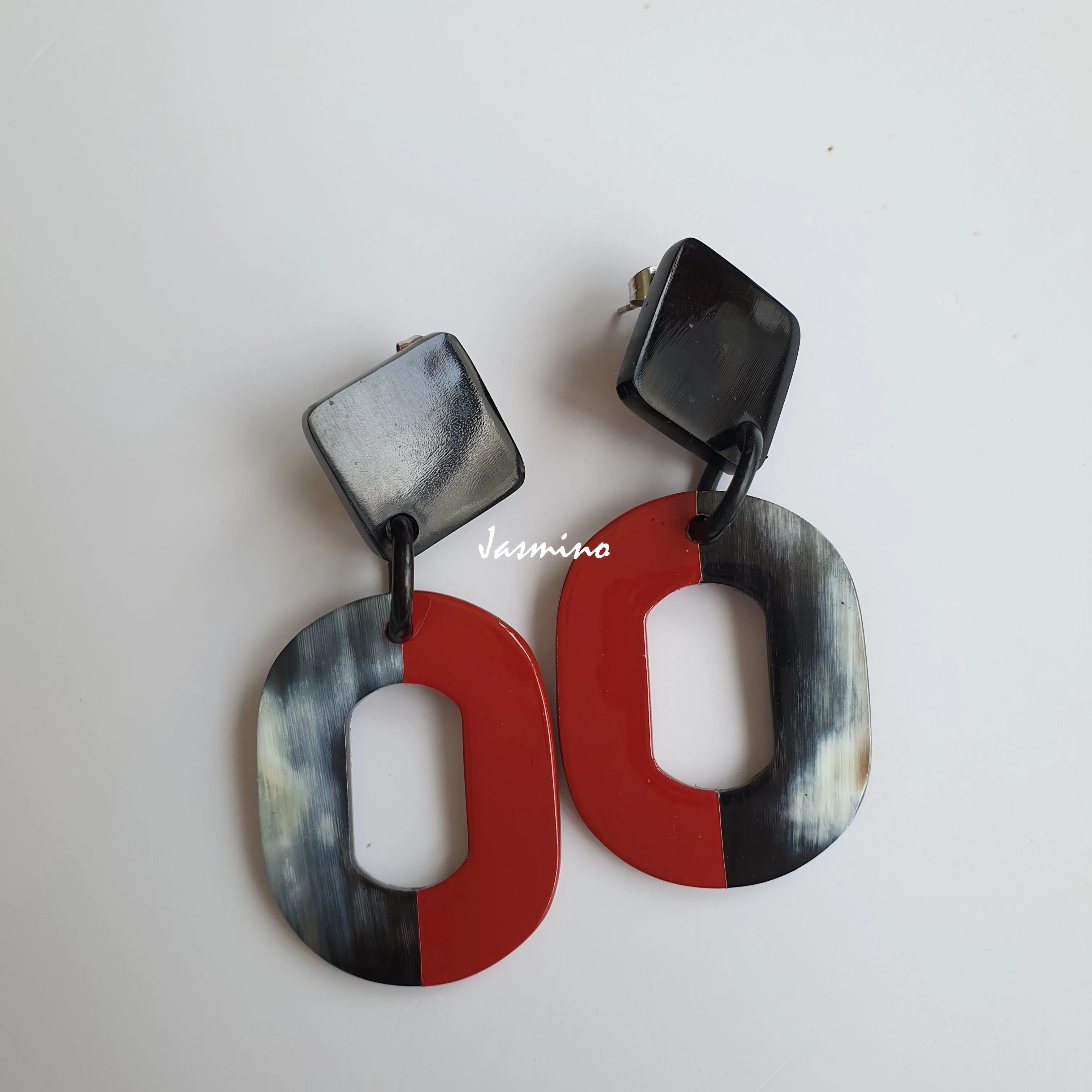 Jasmino Unique Handmade Festival Large Oval Drop Earrings Made By Natural Buffalo Horn
