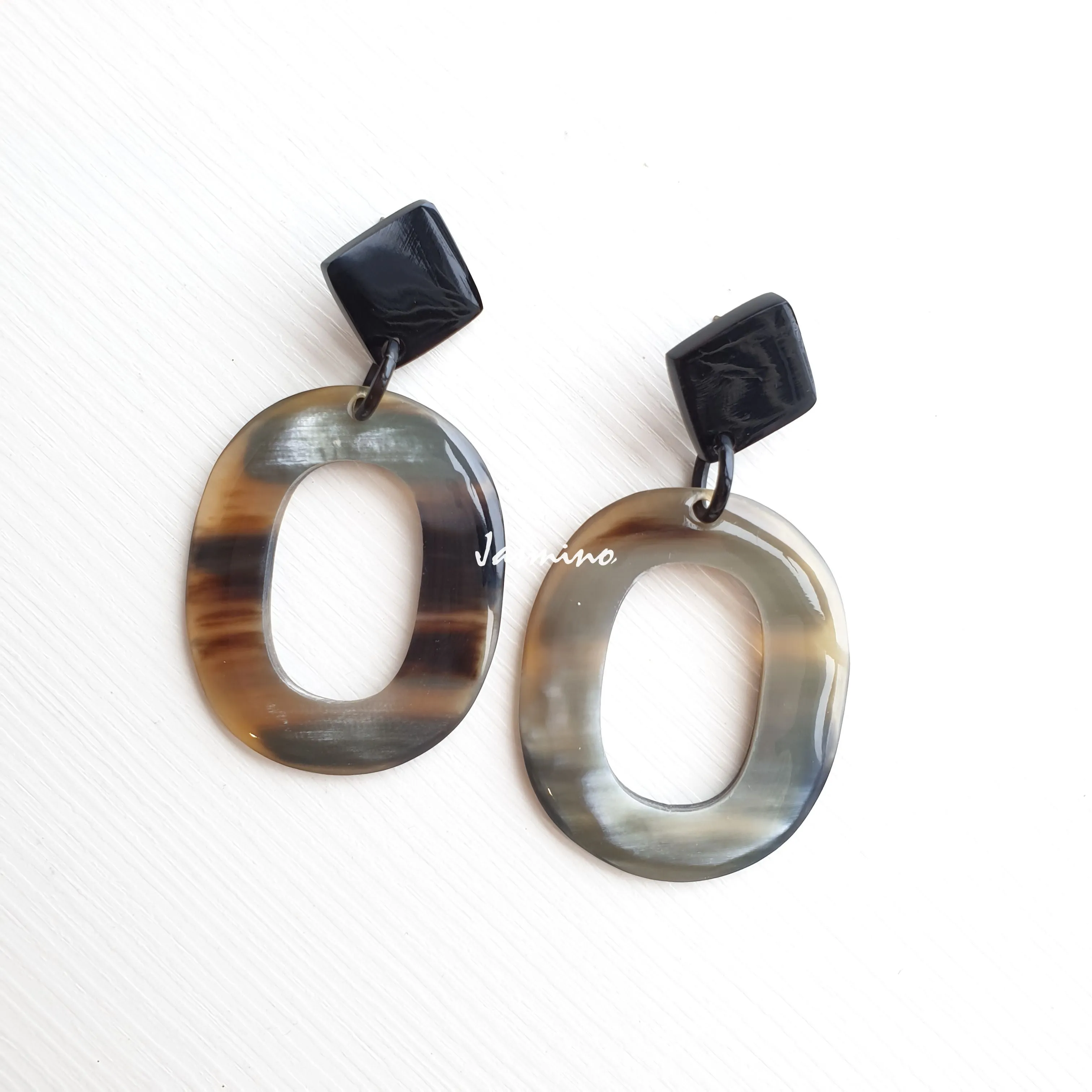 Jasmino Unique Handmade Must-have Festival Large Oval Drop Earrings Made By Natural Buffalo Horn