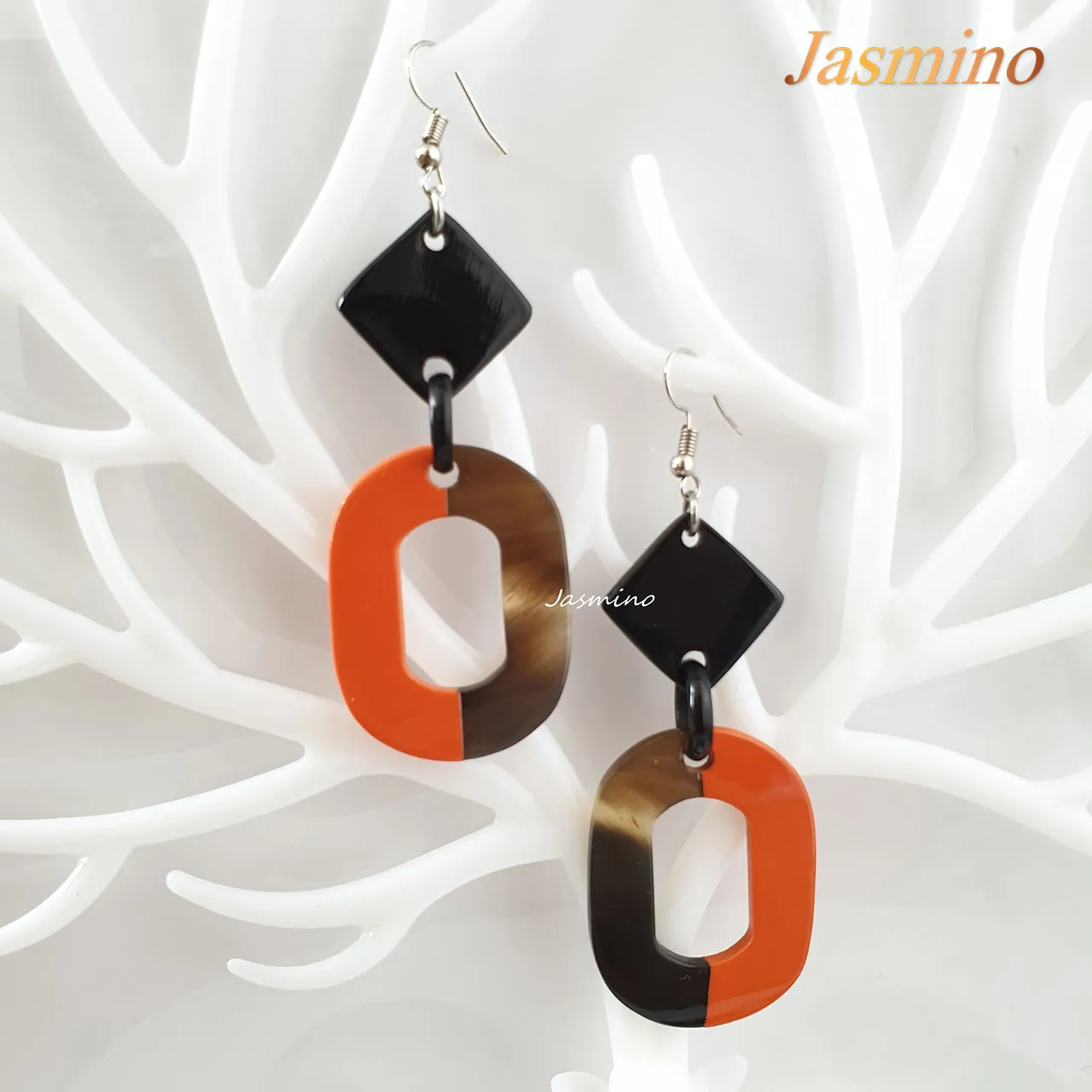 Jasmino Unique Handmade Vintage Large Oval Dangle Earrings Made By Natural Buffalo Horn