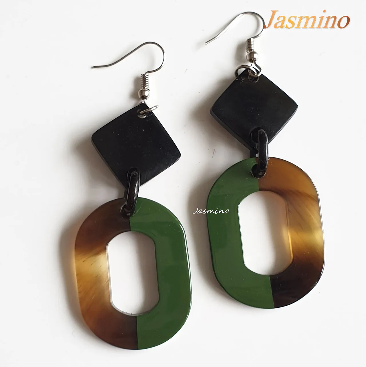 Jasmino Unique Handmade Vintage Large Oval Dangle Earrings Made By Natural Buffalo Horn