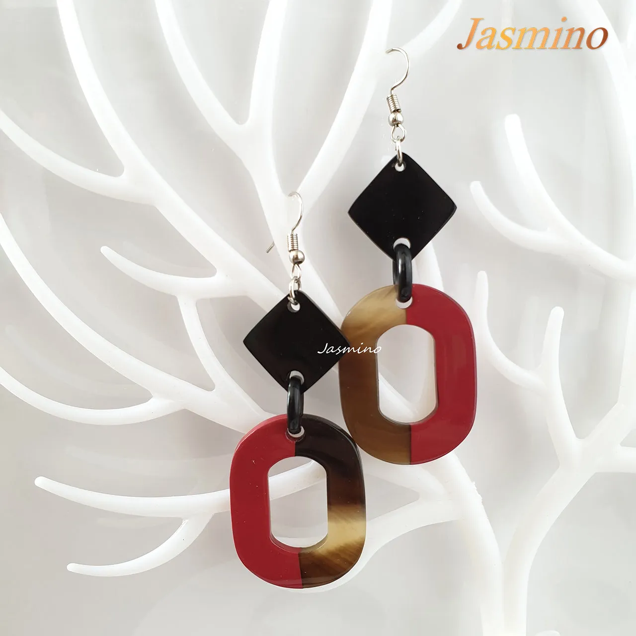 Jasmino Unique Handmade Vintage Large Oval Dangle Earrings Made By Natural Buffalo Horn