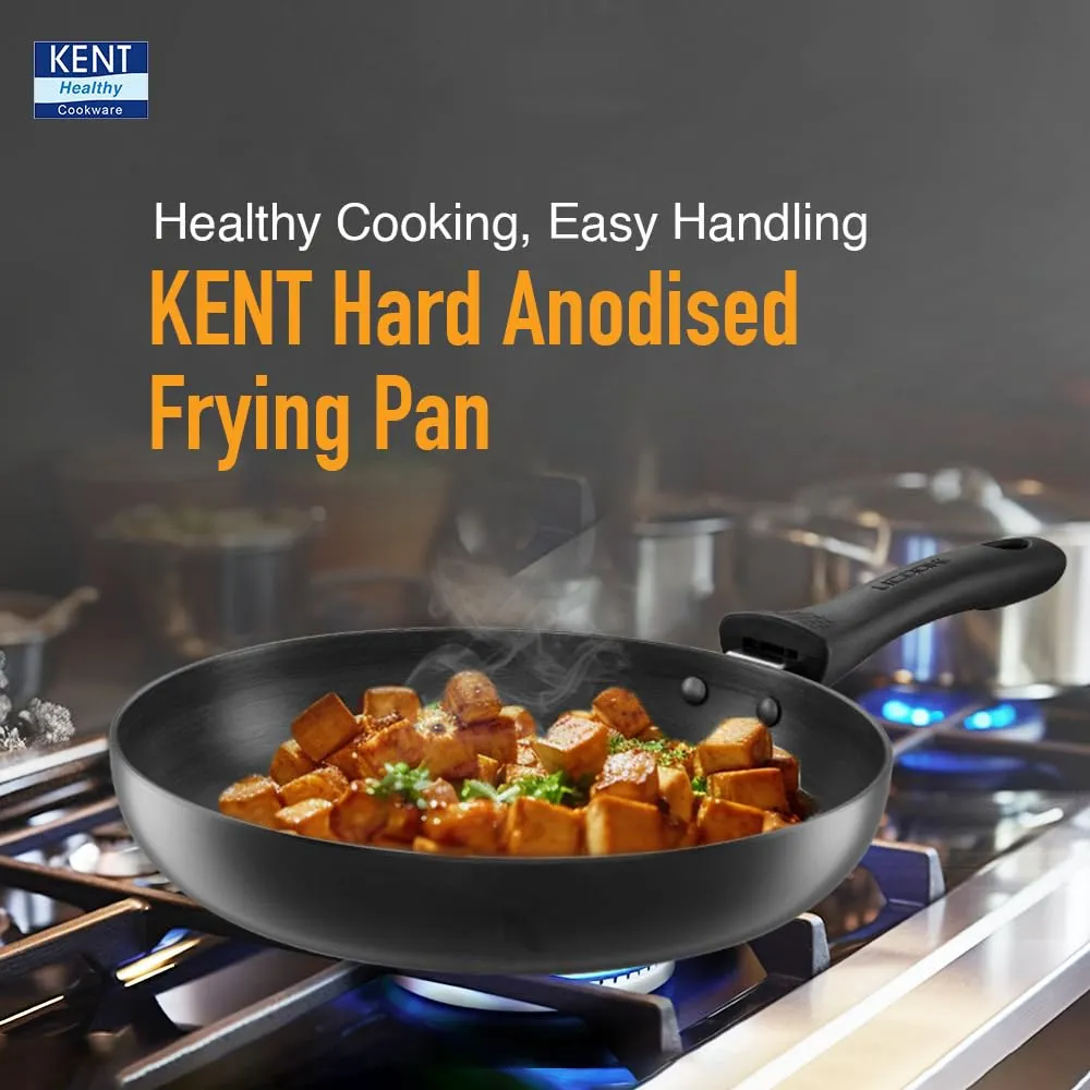 KENT Hard Anodised Frying Pan 24 Cm|1.8L|Non Reactive, Non Toxic, & Non Staining Food Grade Surface|3.25Mm Thick Base for Uniform Heating|Cool Touch Bakelite Handle|Induction Friendly, Black