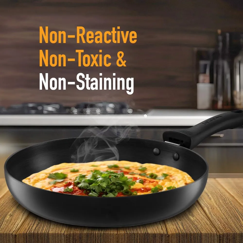 KENT Hard Anodised Frying Pan 24 Cm|1.8L|Non Reactive, Non Toxic, & Non Staining Food Grade Surface|3.25Mm Thick Base for Uniform Heating|Cool Touch Bakelite Handle|Induction Friendly, Black