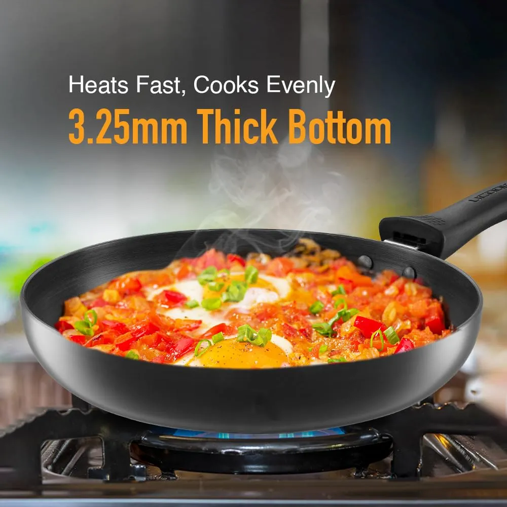 KENT Hard Anodised Frying Pan 24 Cm|1.8L|Non Reactive, Non Toxic, & Non Staining Food Grade Surface|3.25Mm Thick Base for Uniform Heating|Cool Touch Bakelite Handle|Induction Friendly, Black