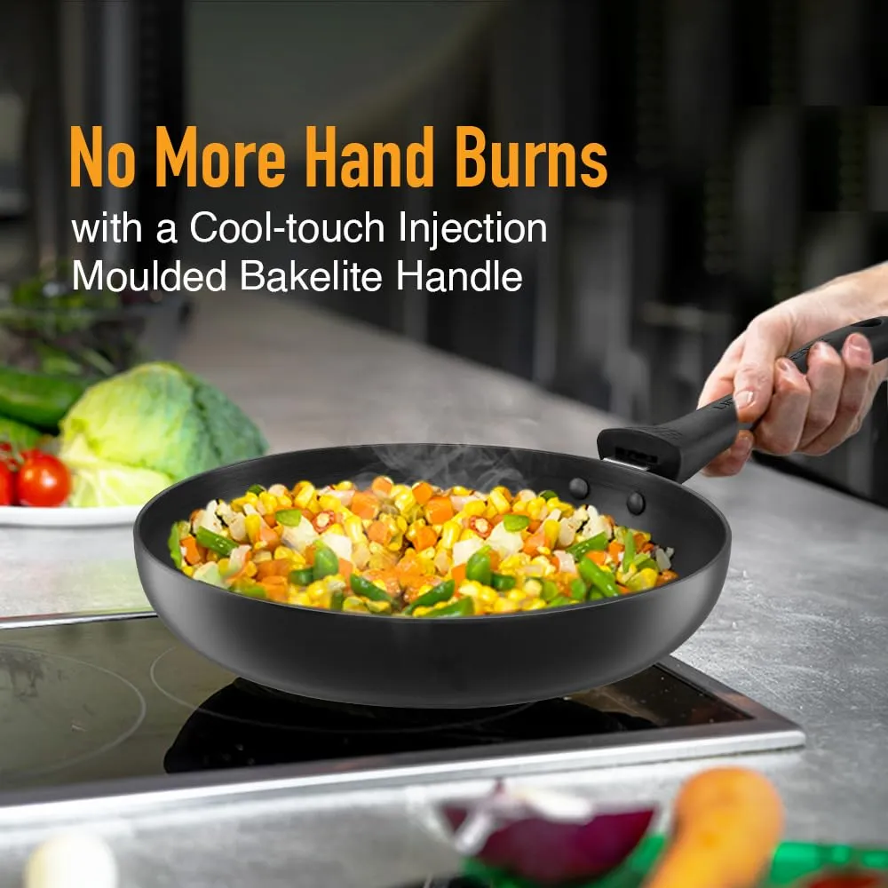 KENT Hard Anodised Frying Pan 24 Cm|1.8L|Non Reactive, Non Toxic, & Non Staining Food Grade Surface|3.25Mm Thick Base for Uniform Heating|Cool Touch Bakelite Handle|Induction Friendly, Black