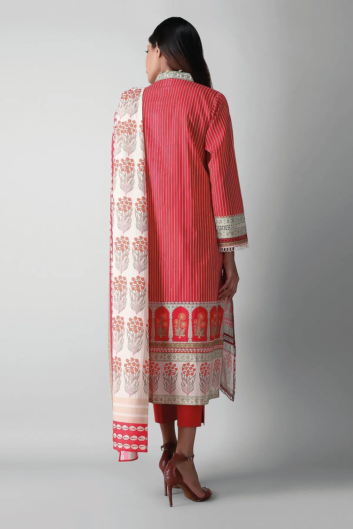 Khaadi Printed 3 Piece Suit · Full Suit – A2104038B- Red