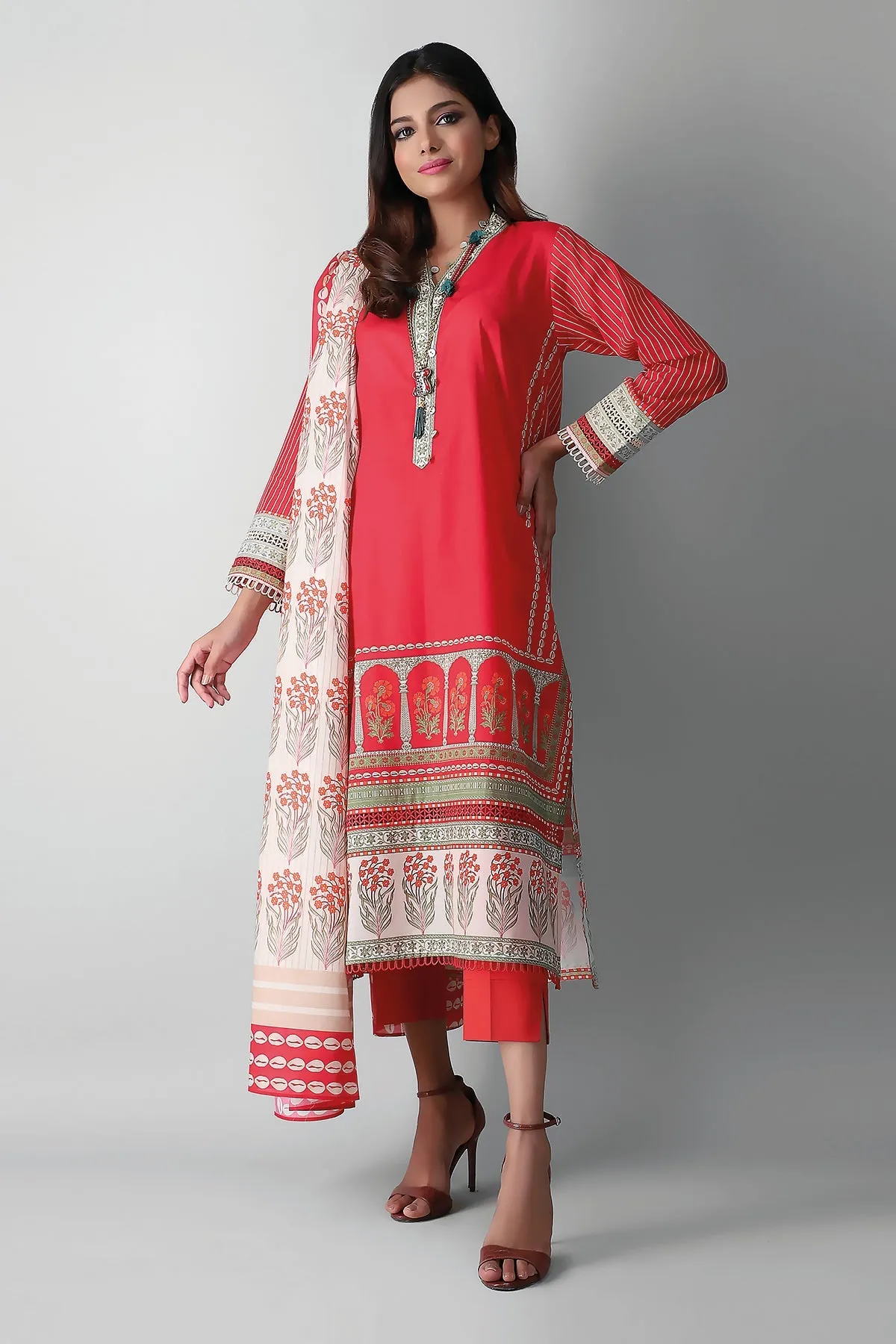 Khaadi Printed 3 Piece Suit · Full Suit – A2104038B- Red